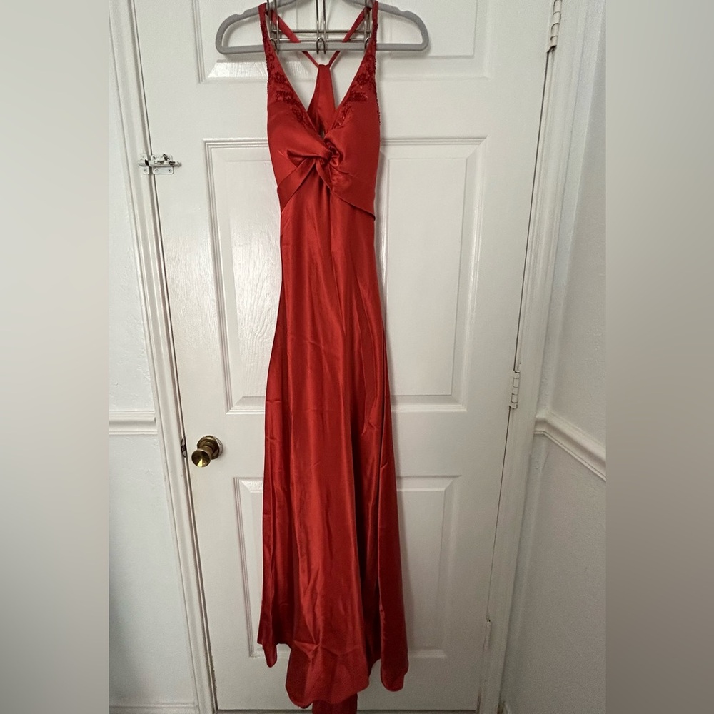 Jump Orange Satin Maxi Dress with Twist Front and Strappy Back Detail